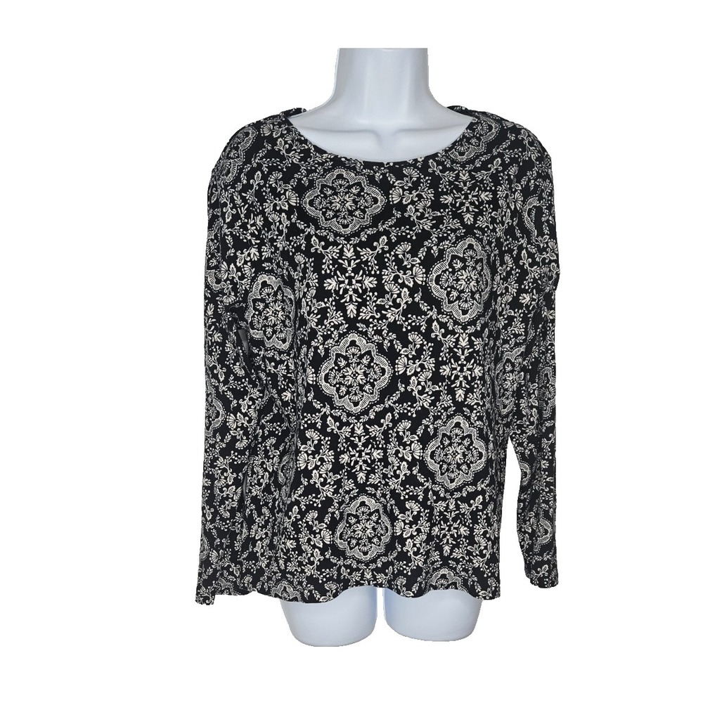 Croft & Barrow Floral Top Black White Long Sleeve Casual Stretch‎ PXL
